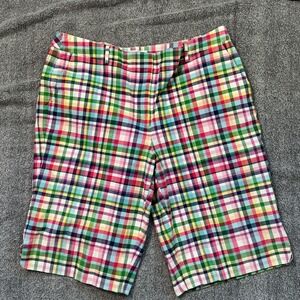 Talbots Womens Rainbow Plaid Bermuda Shorts Multi Color Stretch Cotton Size 14